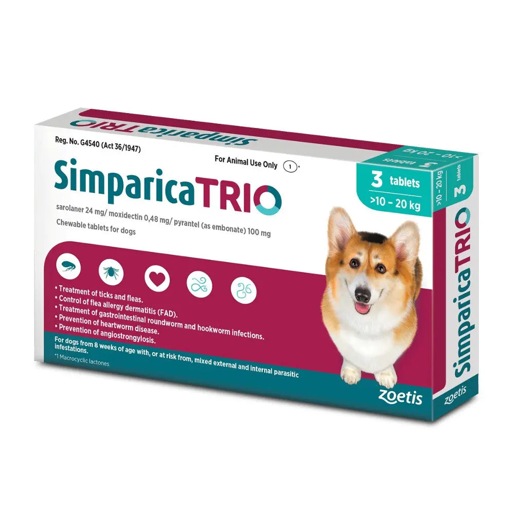 Simparica TRIO chewable tablets for dogs, effective against fleas, ticks, and intestinal parasites.
