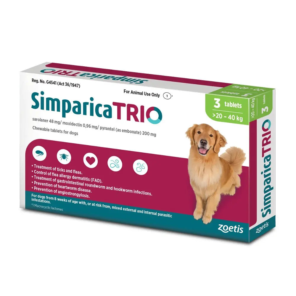 Simparica TRIO chewable tablets for dogs, effective against fleas, ticks, and intestinal parasites.