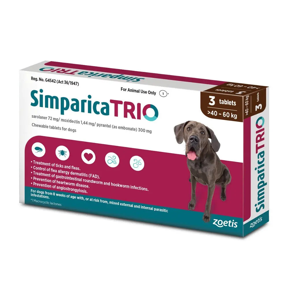 Simparica TRIO chewable tablets for dogs, effective against fleas, ticks, and intestinal parasites.