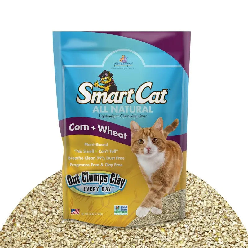 Smart Cat all-natural lightweight clumping litter made from corn and wheat, ideal for odor control.