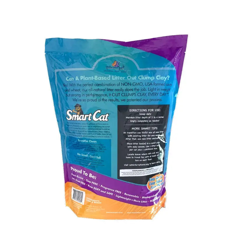 SmartCat plant-based litter bag showcasing eco-friendly, lightweight, and clumping clay features.