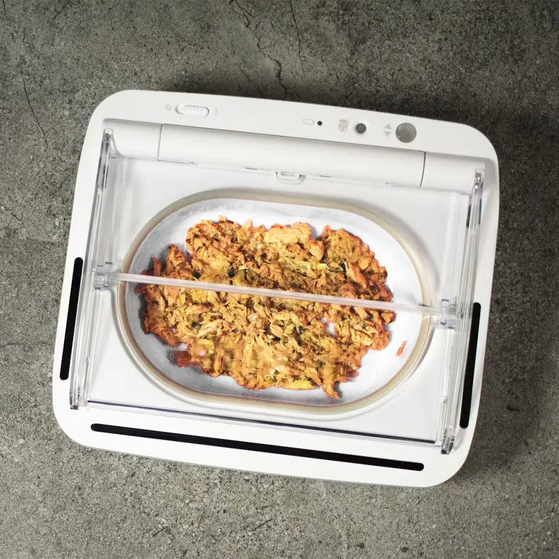 Dehydrator with crispy vegetable chips on a tray, showcasing healthy snack preparation.