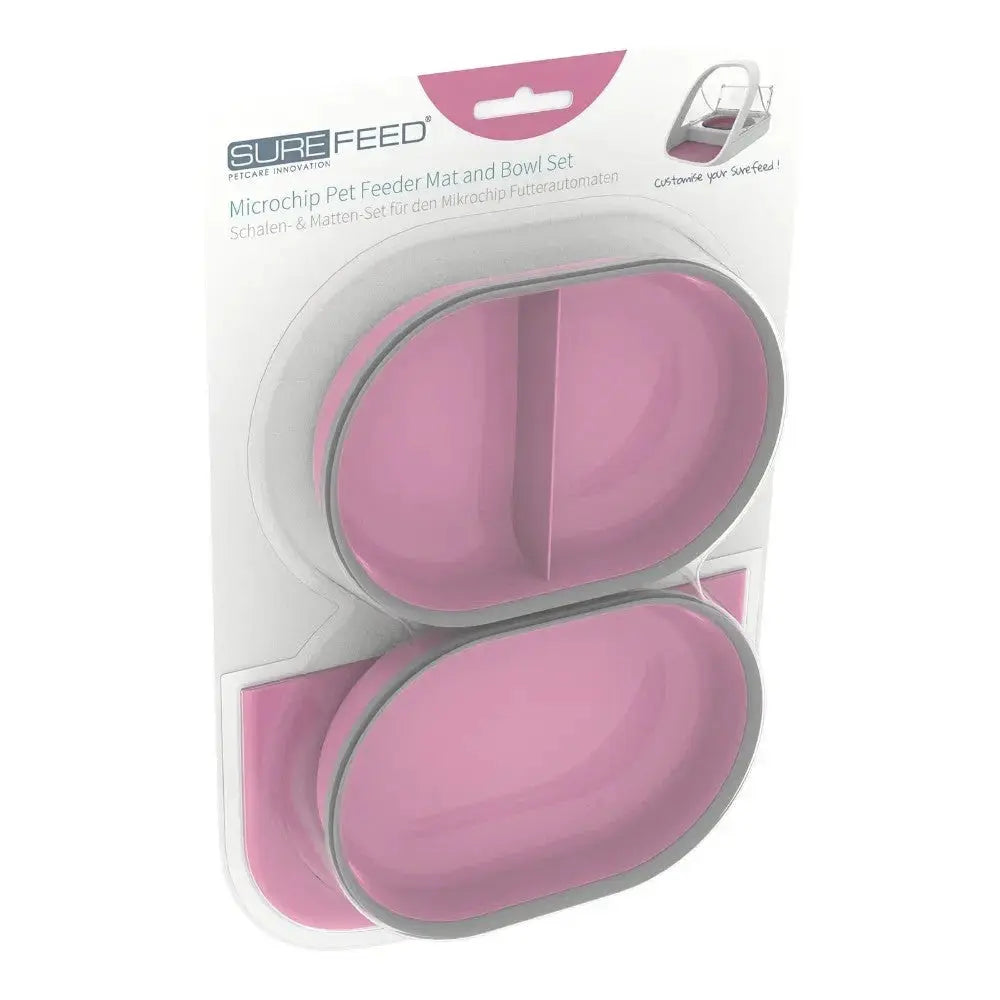 Microchip pet feeder mat and bowl set in pink, designed for easy feeding and mess-free dining.