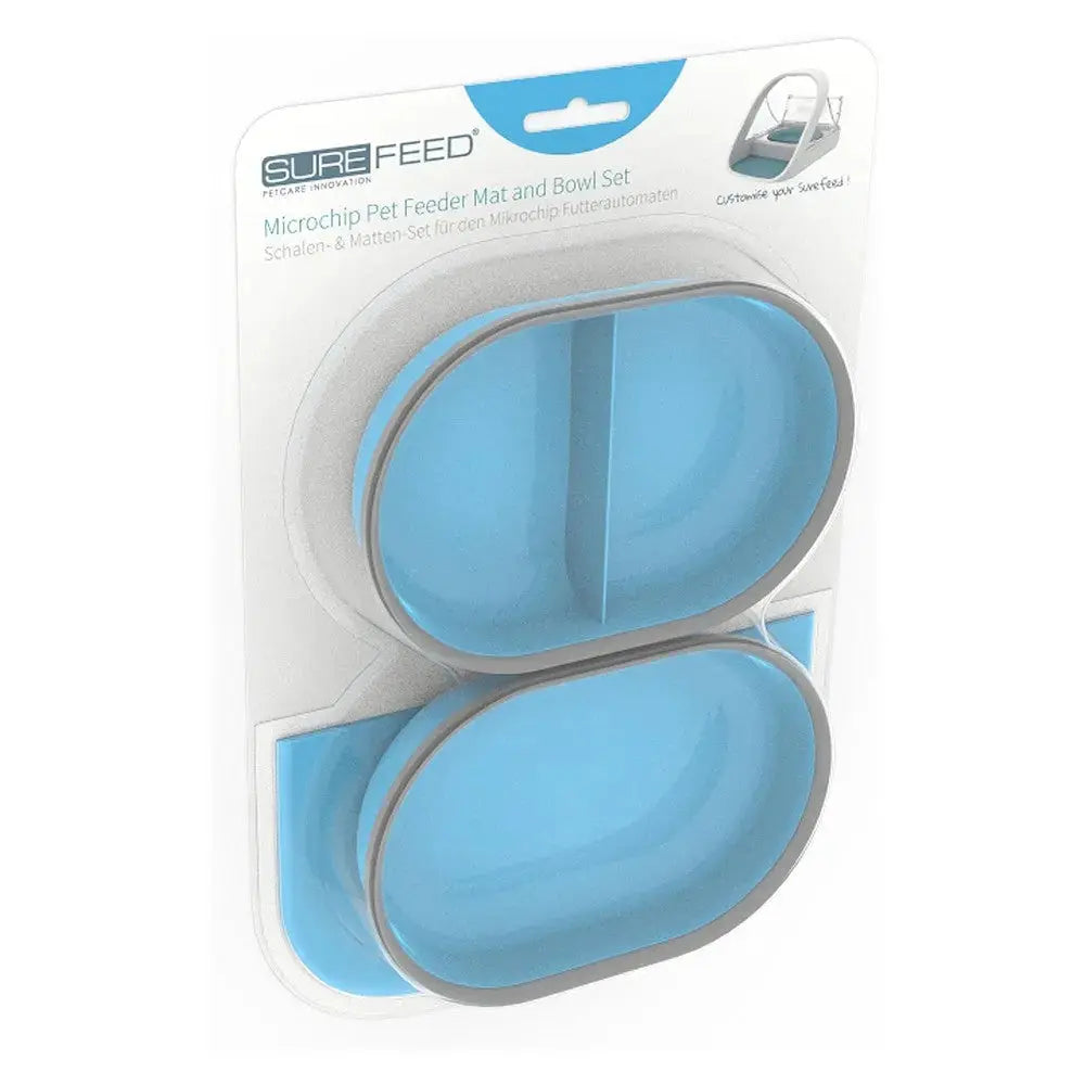 Microchip pet feeder mat and bowl set in blue for convenient pet feeding.