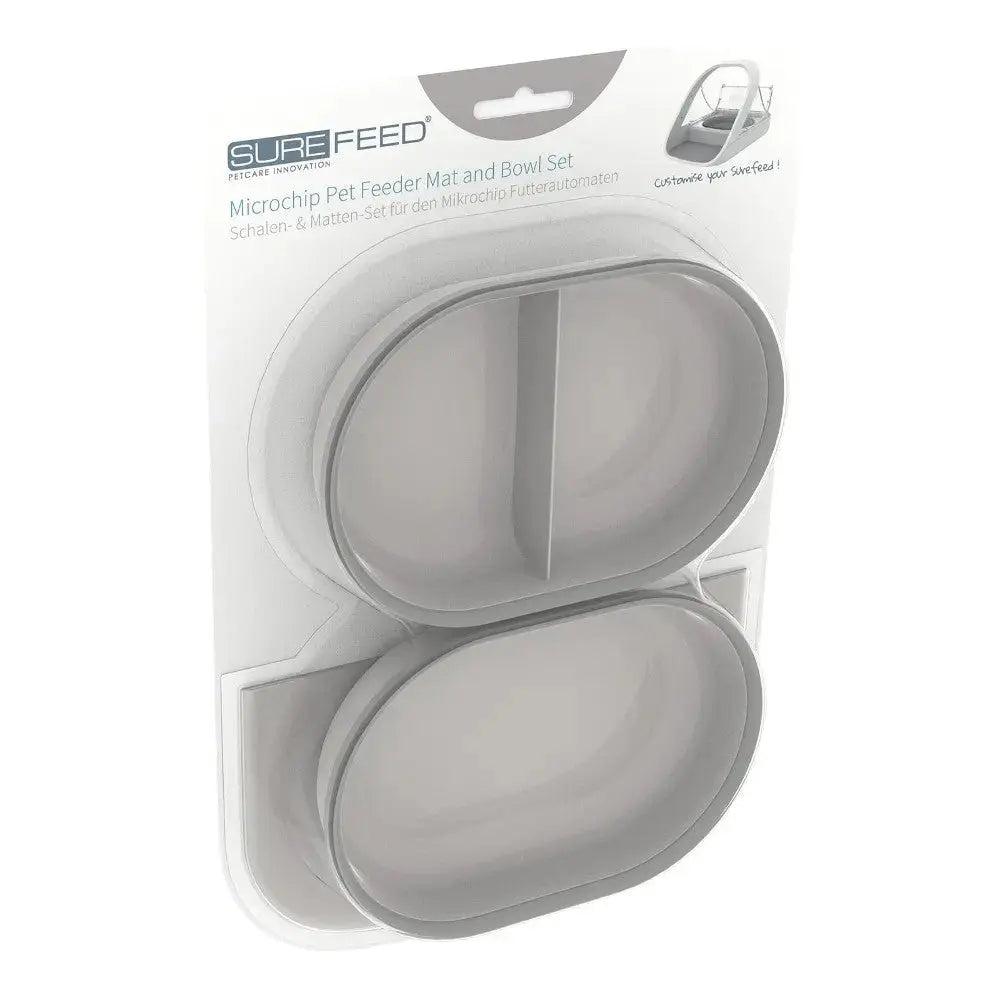 Microchip pet feeder mat and bowl set for customized feeding solutions.