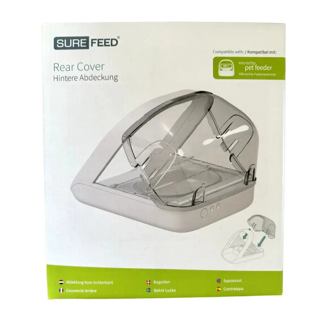SureFeed rear cover packaging for microchip pet feeder, featuring clear design and compatibility details.