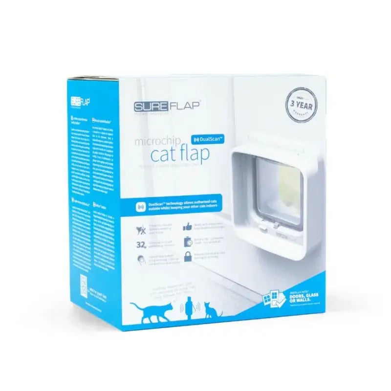 SureFlap microchip cat flap packaging showcasing dual scan technology for secure pet access.