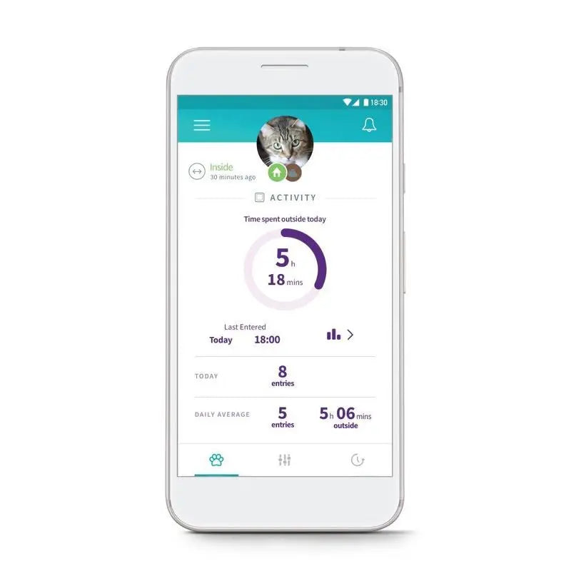 Pet activity tracker app displaying time spent indoors and outdoors on a smartphone screen.