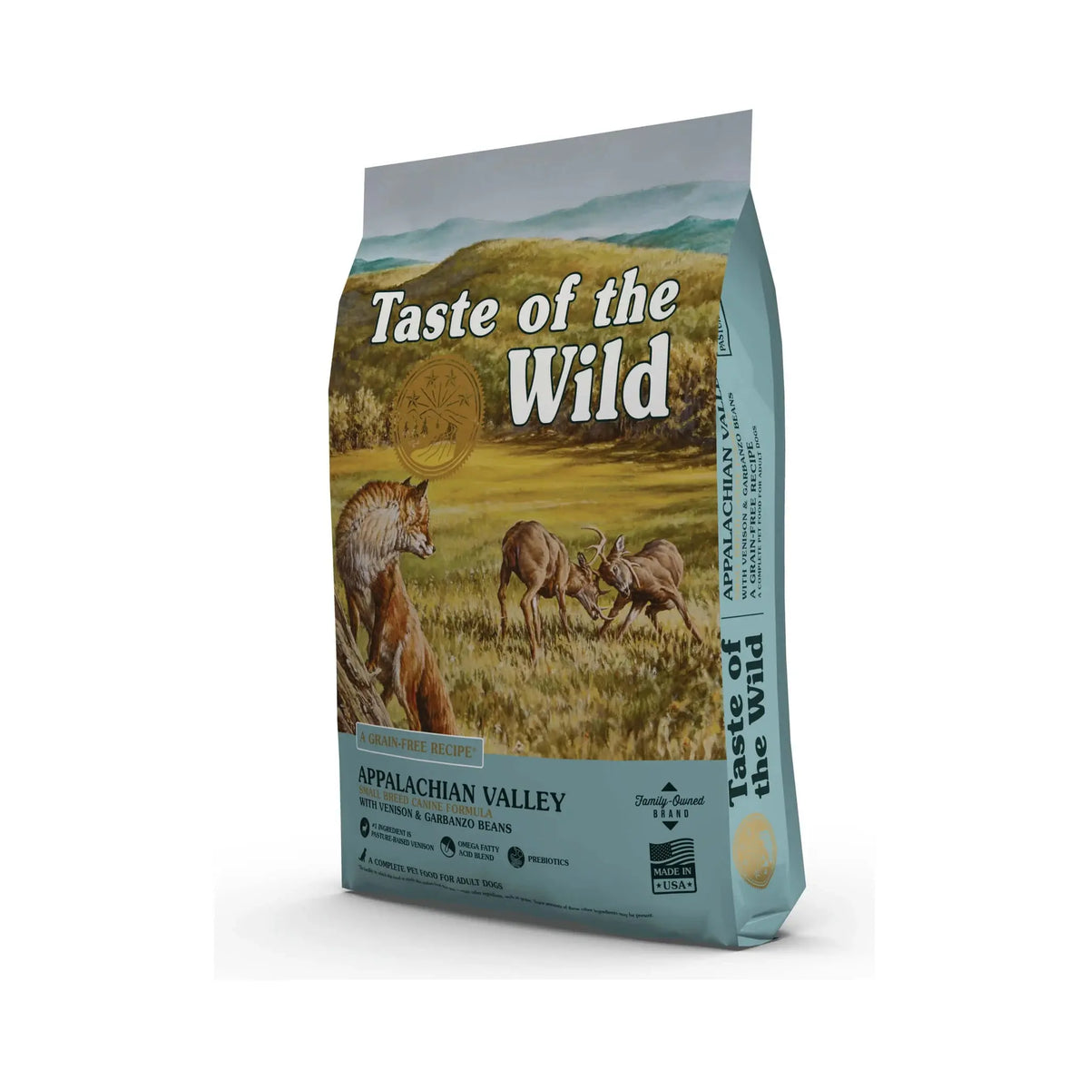 Taste of the Wild Appalachian Valley Small Breed dry dog food bag, front angle