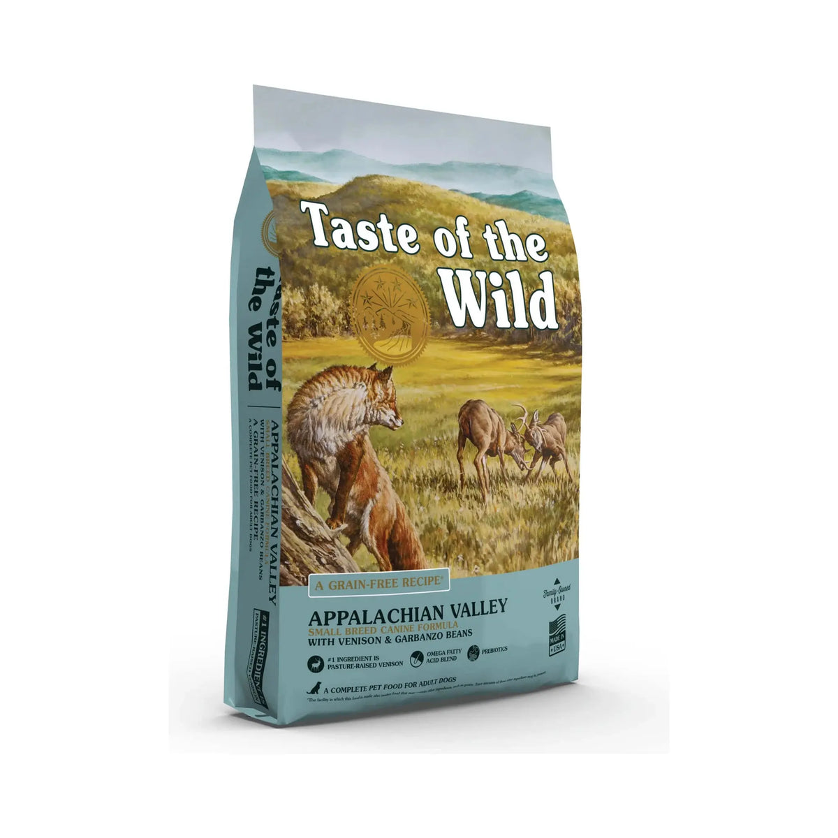 Taste of the Wild Appalachian Valley Small Breed dry dog food bag, alternate front angle