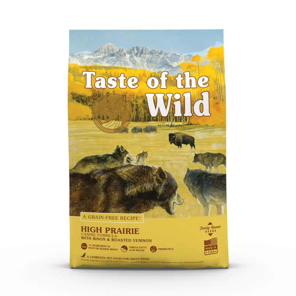 Taste of the Wild High Prairie dog food bag featuring bison and roasted venison, grain-free recipe.