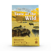 Taste of the Wild High Prairie dog food bag featuring bison and roasted venison, grain-free recipe.
