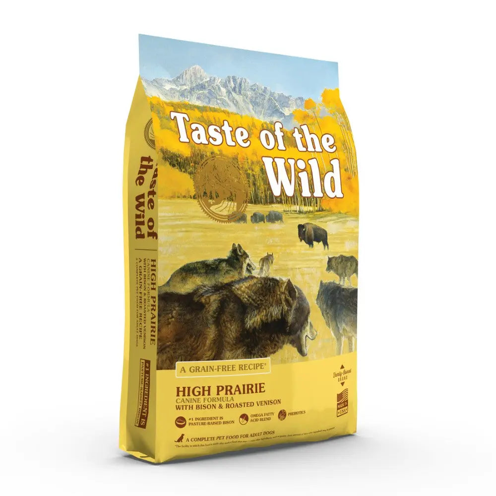 Taste of the Wild High Prairie dog food bag featuring bison and roasted venison, grain-free recipe.