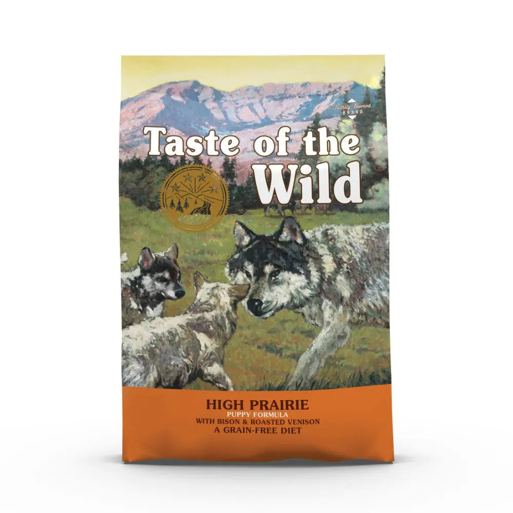 Taste of the Wild puppy food bag featuring bison and roasted venison for a grain-free diet.