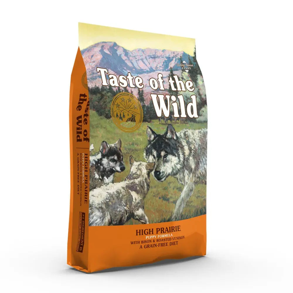Taste of the Wild High Prairie dog food bag featuring bison and roasted venison for a grain-free diet.