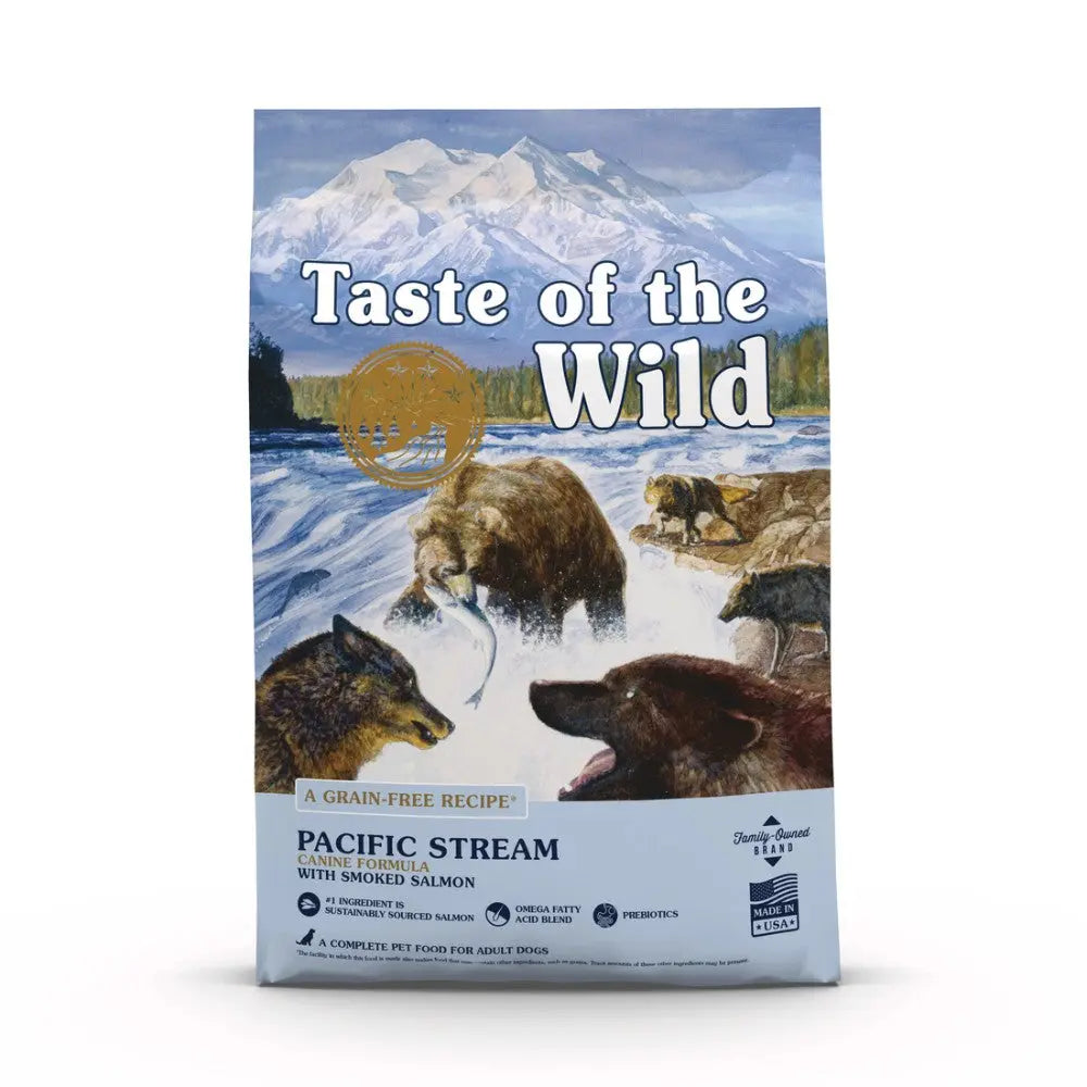 Taste of the Wild Pacific Stream dog food bag featuring smoked salmon and a scenic wilderness design.