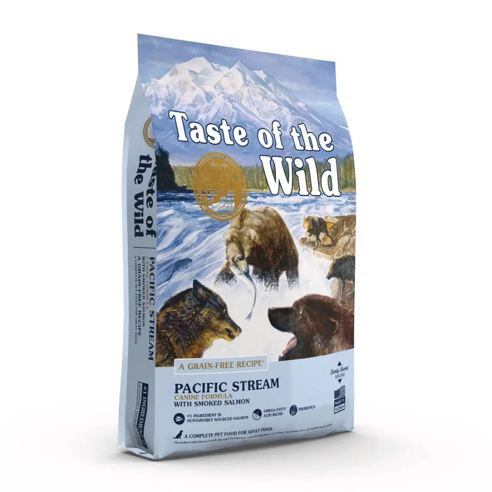 Taste of the Wild Pacific Stream dog food bag featuring smoked salmon and a scenic wilderness design.
