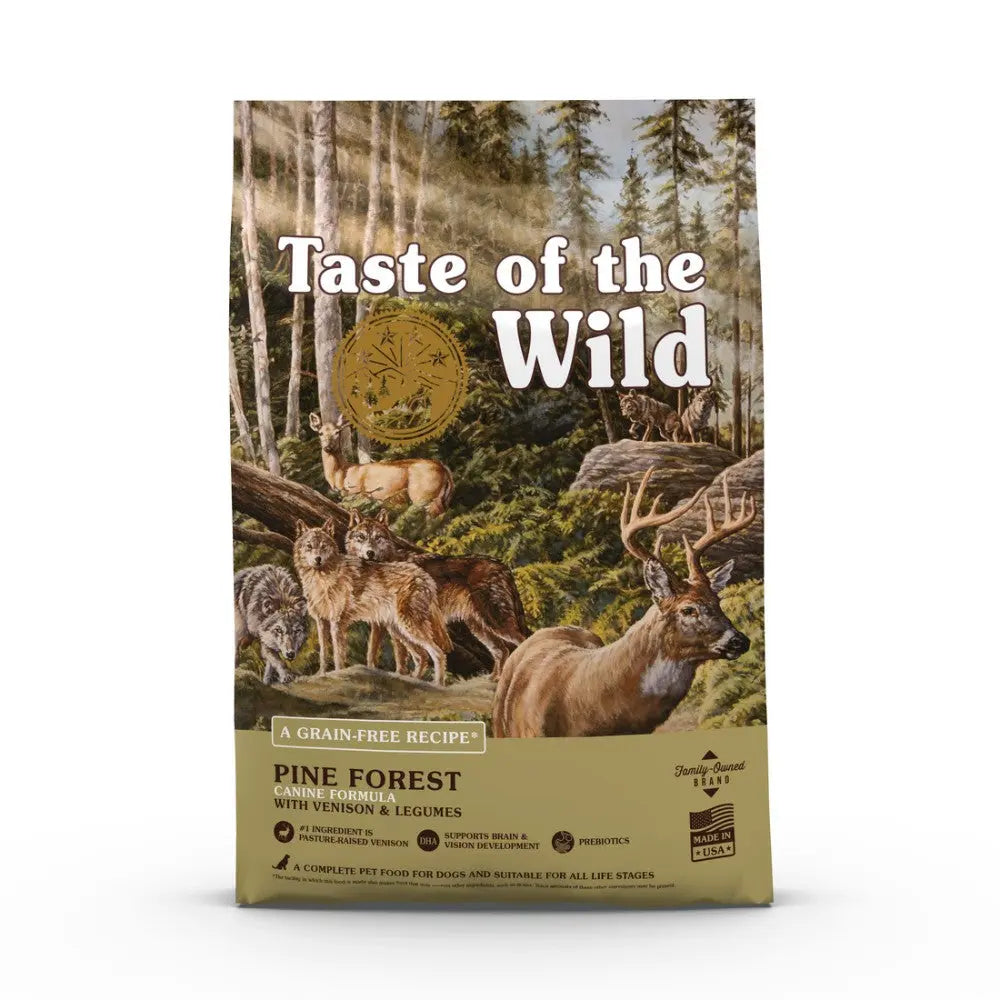 Taste of the Wild Pine Forest dog food bag featuring venison and legumes with a nature-themed design.