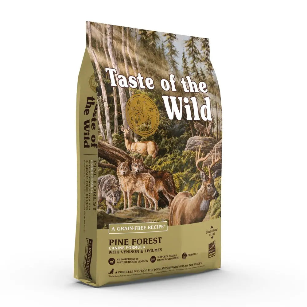 Taste of the Wild Pine Forest dog food bag featuring a grain-free recipe with venison and legumes.