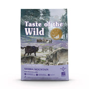 Taste of the Wild Sierra Mountain dog food bag featuring roasted lamb and a scenic wilderness design.