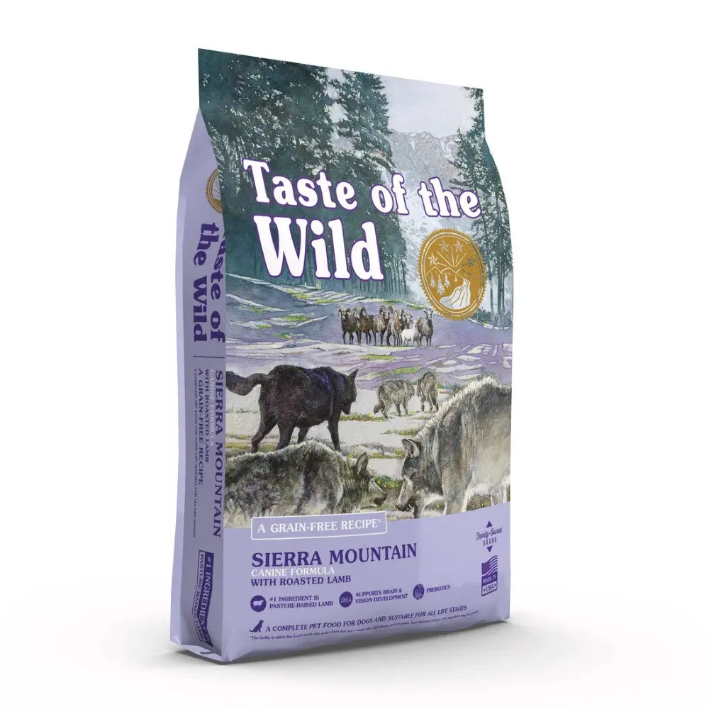 Taste of the Wild Sierra Mountain dog food bag featuring roasted lamb and a scenic wilderness design.