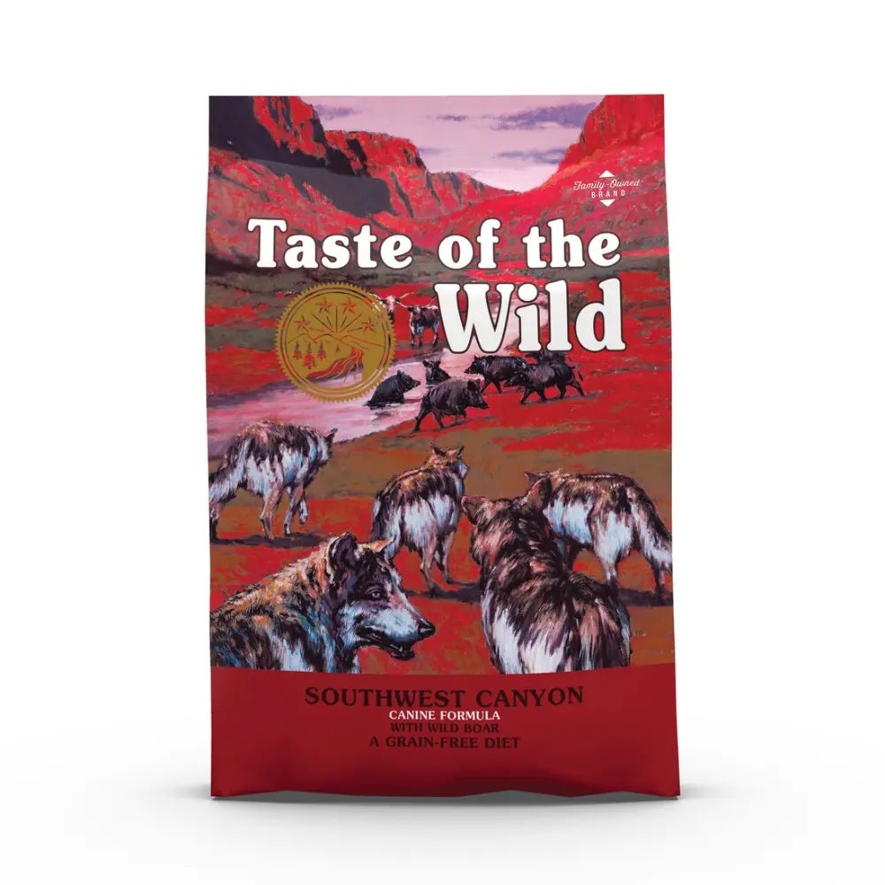 Taste of the Wild Southwest Canyon dog food bag featuring a grain-free formula and scenic wilderness design.