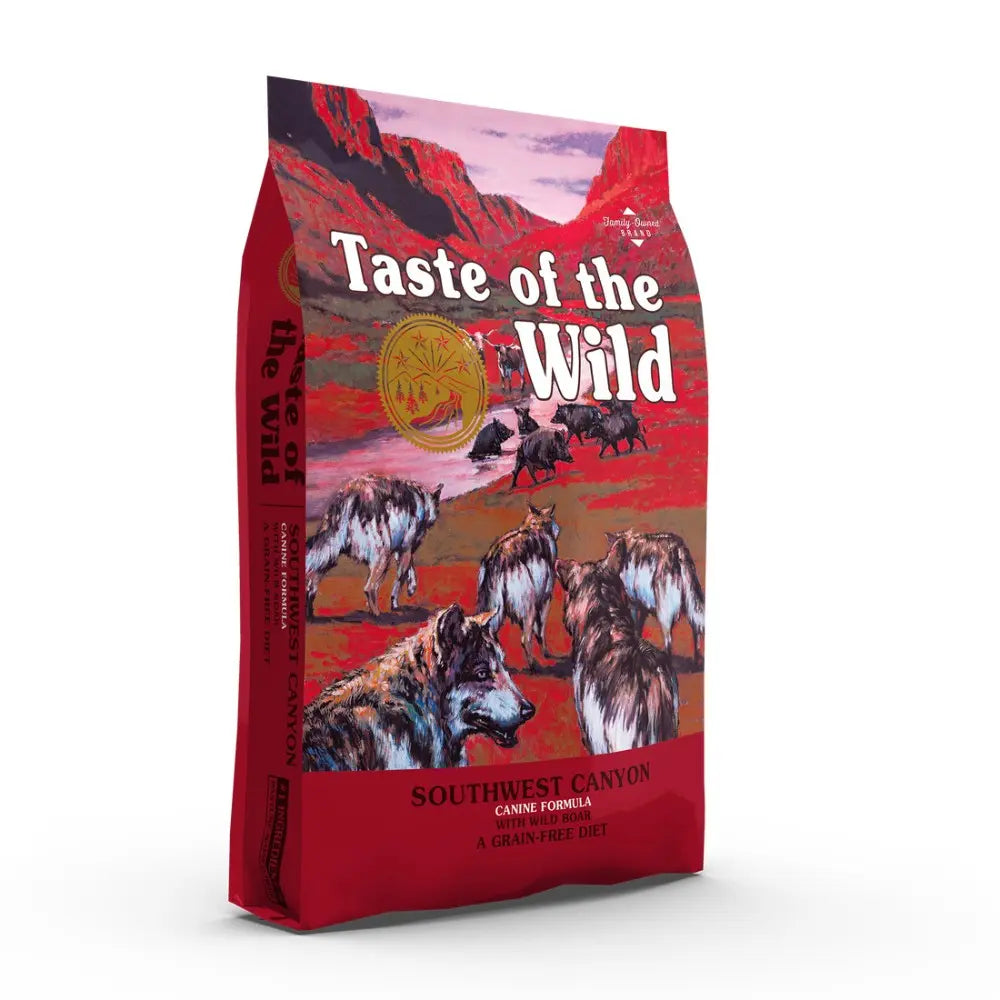 Taste of the Wild Southwest Canyon dog food bag featuring a grain-free formula and vibrant wilderness design.