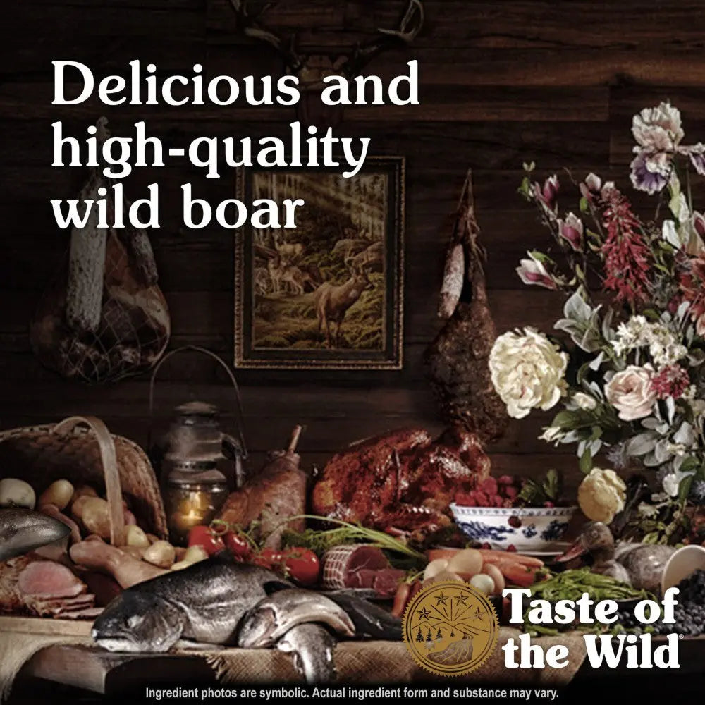 High-quality wild boar ingredients displayed with fresh produce and rustic decor for pet food.