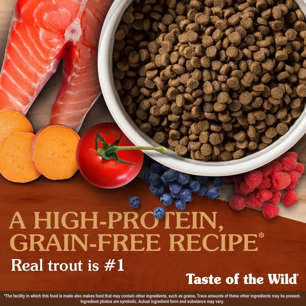 High-protein, grain-free pet food featuring real trout, fruits, and vegetables for optimal nutrition.