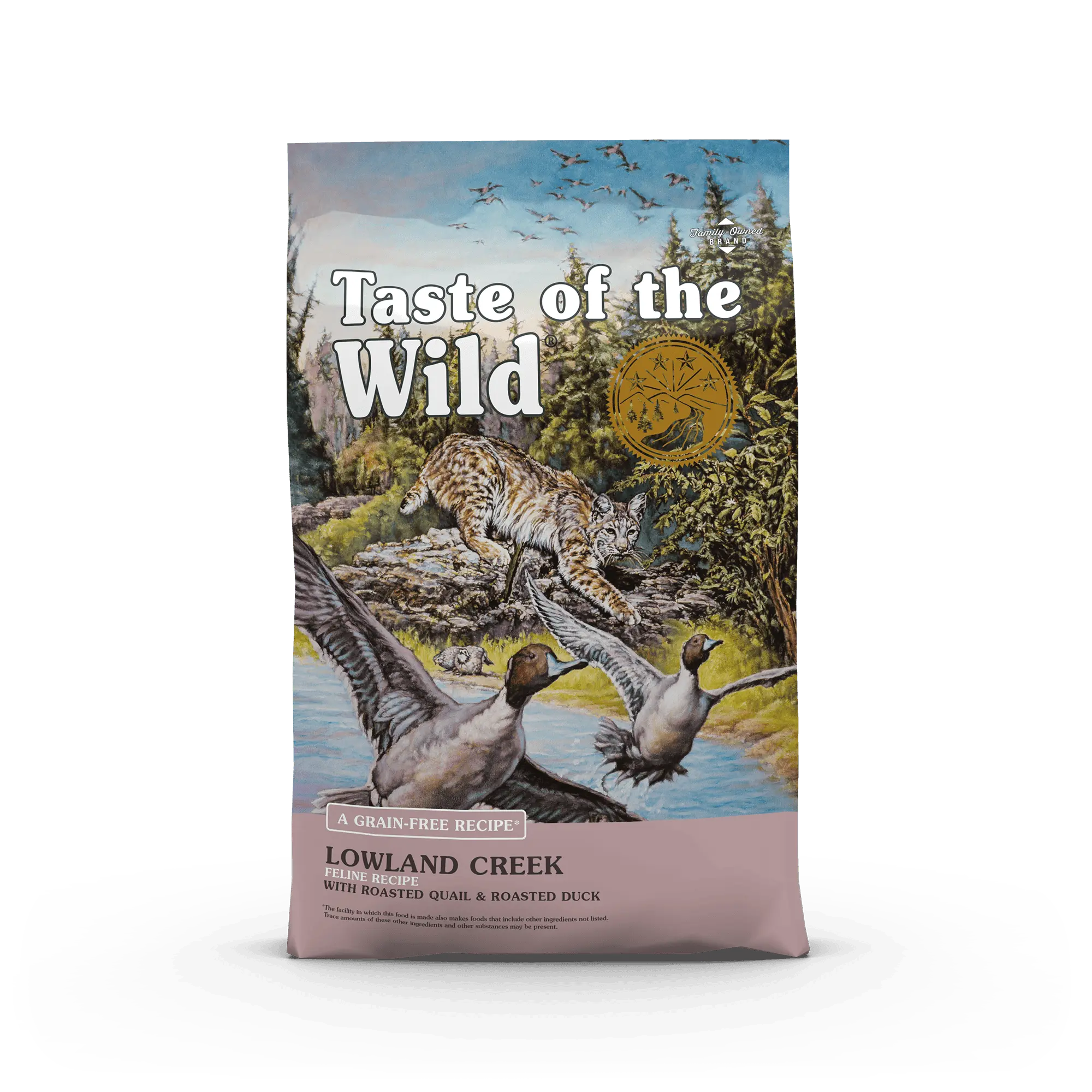 Taste of the Wild Feline Lowland Creek cat food with Roasted Quail and Roasted Duck bag front