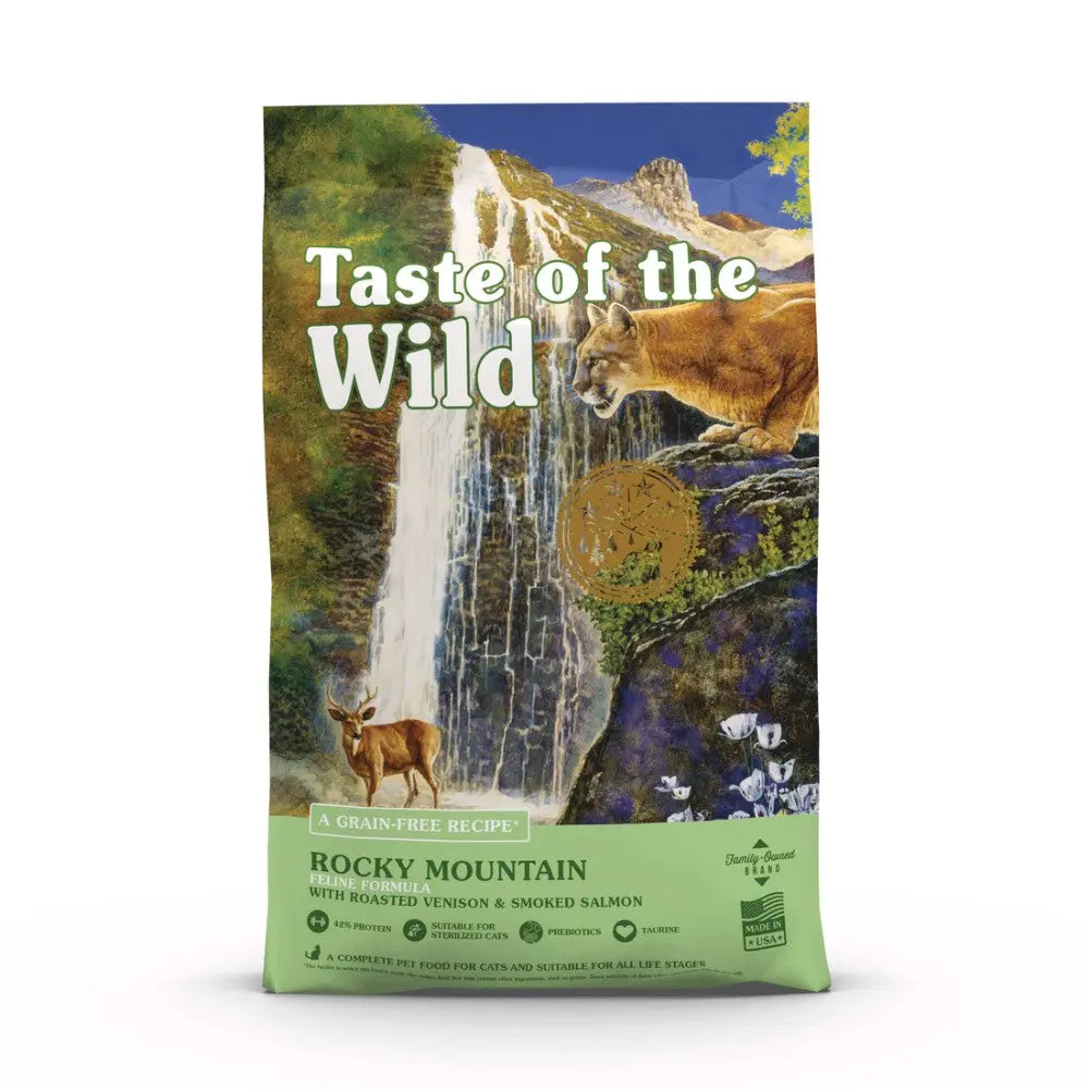 Taste of the Wild Rocky Mountain pet food bag featuring venison and smoked salmon ingredients.