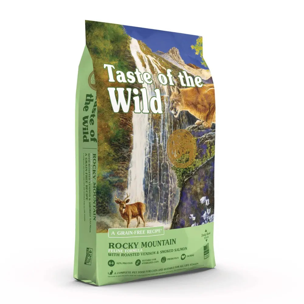 Taste of the Wild Rocky Mountain pet food bag featuring roasted venison and smoked salmon, grain-free recipe.