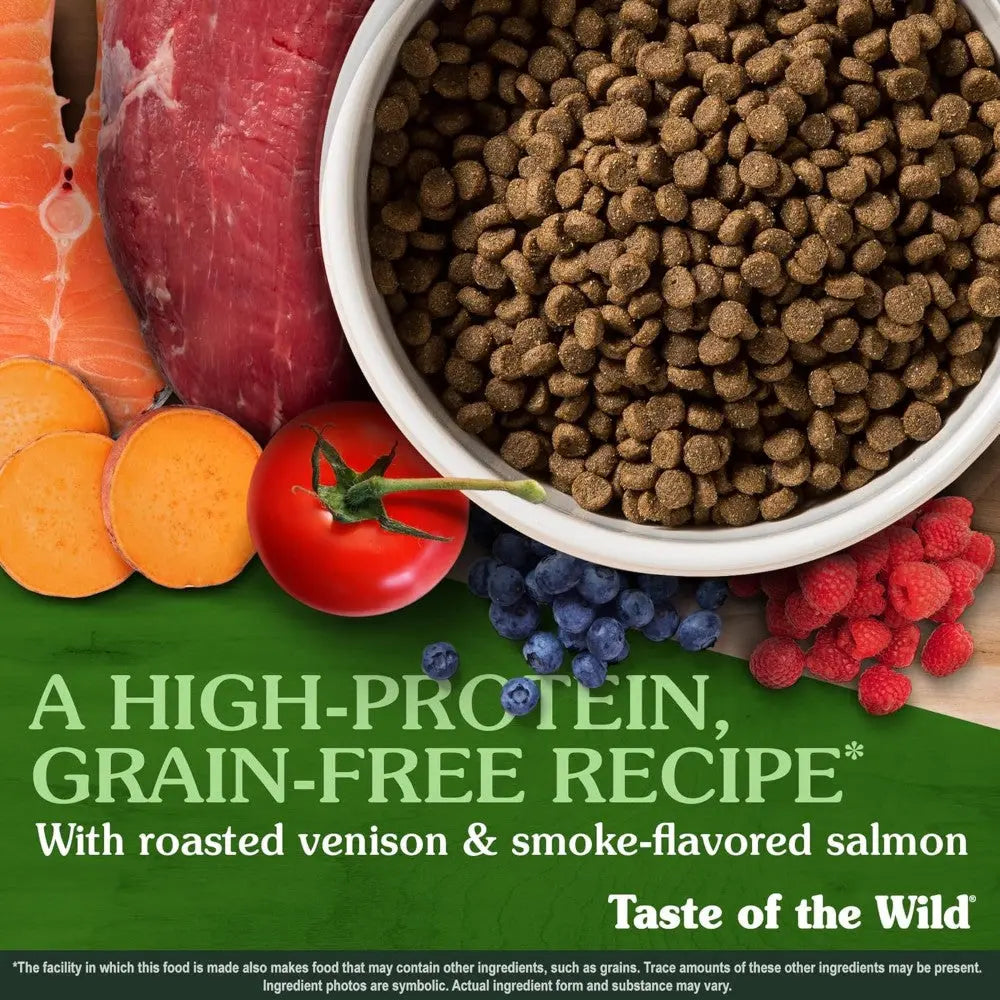 High-protein, grain-free pet food featuring roasted venison and smoke-flavored salmon with fresh ingredients.