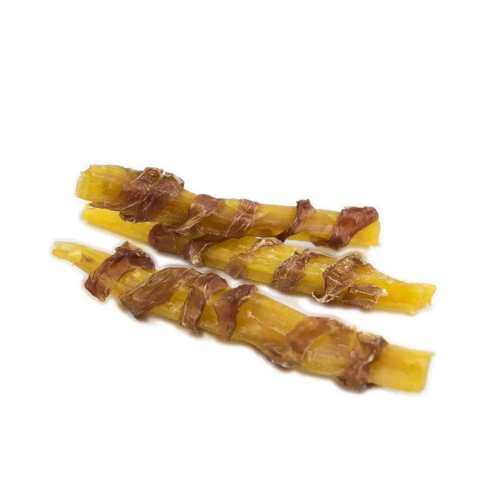 Natural dog chews made from beef and sweet potato, perfect for healthy snacking.