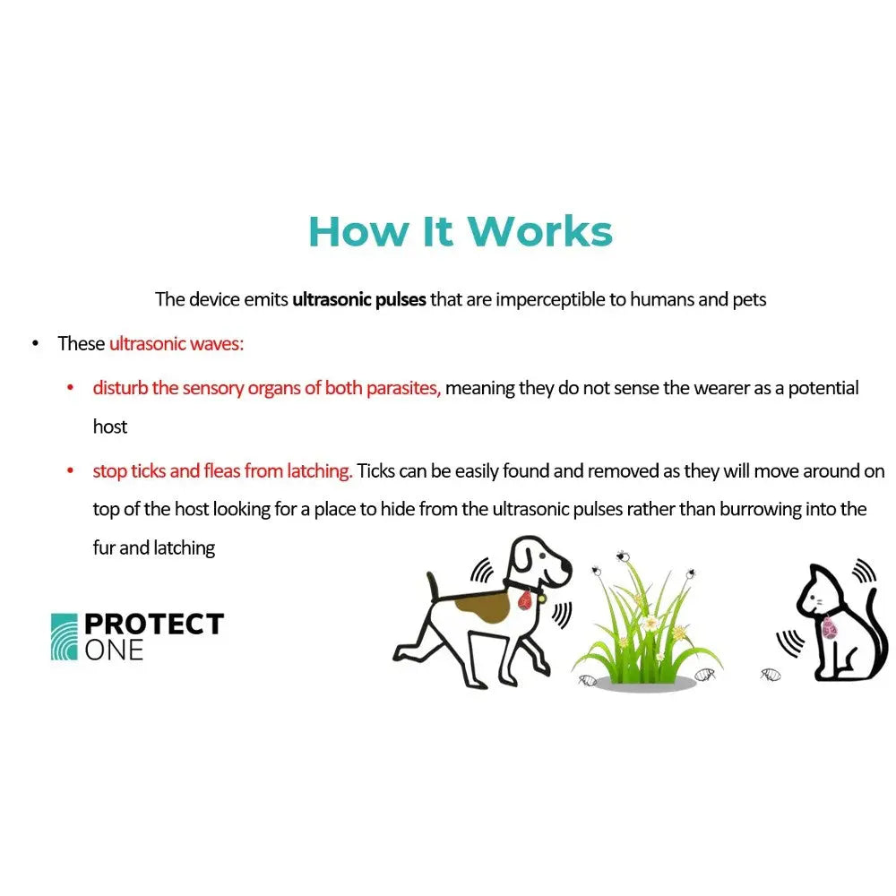 Ultrasonic device infographic explaining how it repels parasites and prevents ticks and fleas on pets.