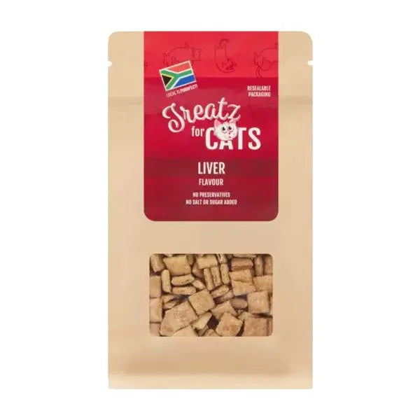 Liver-flavored cat treats in resealable packaging, free from preservatives and added salt or sugar.