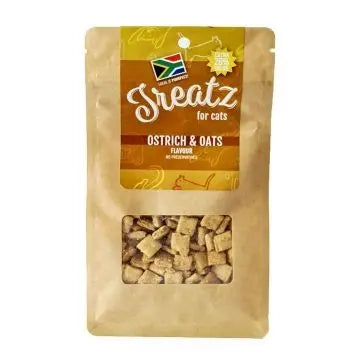 Ostrich and oats cat treats in a resealable bag, perfect for rewarding your feline friend.