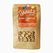 Salmon and brown rice cat treats in a resealable bag for healthy feline snacking.