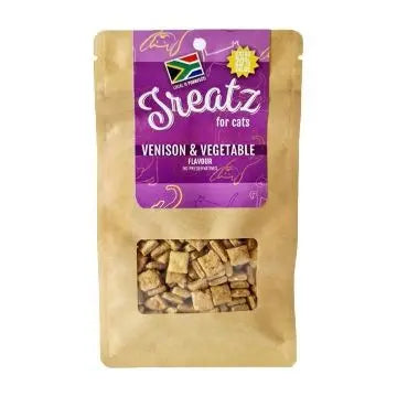 Treatz for cats, venison and vegetable flavor, natural ingredients in eco-friendly packaging.