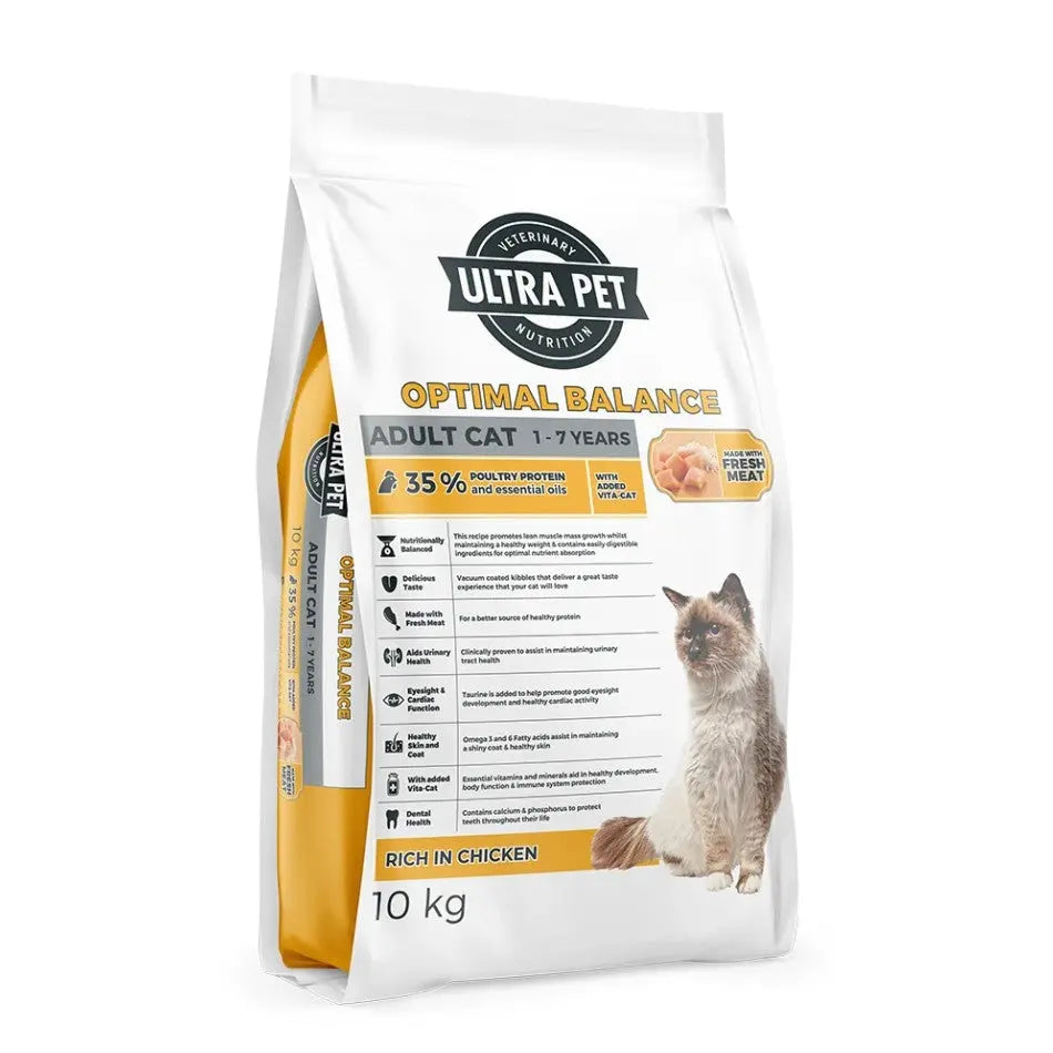 Ultra Pet Optimal Balance cat food bag, 10 kg, rich in chicken, designed for adult cats aged 1-7 years.