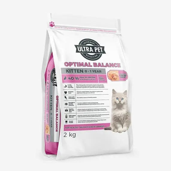 Kitten food bag featuring optimal balance formula for healthy growth and development, 2 kg packaging.