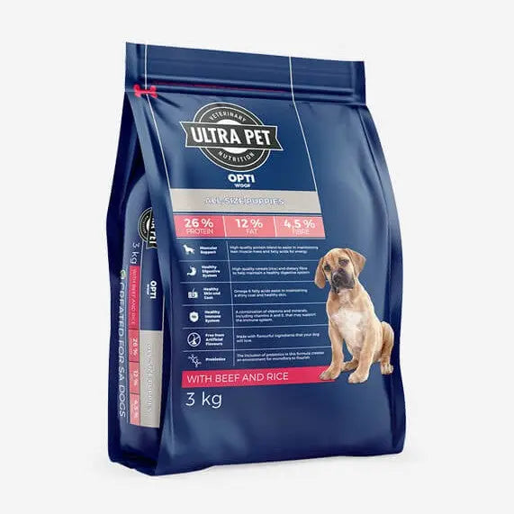 Ultra Pet dog food bag featuring beef and rice, with nutritional information and a Labrador image.