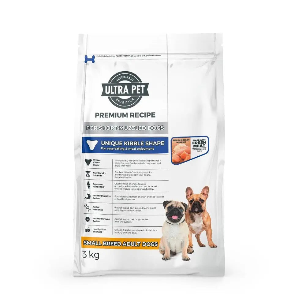 Premium dog food bag for small breed adult dogs with unique kibble shape and nutritional benefits.