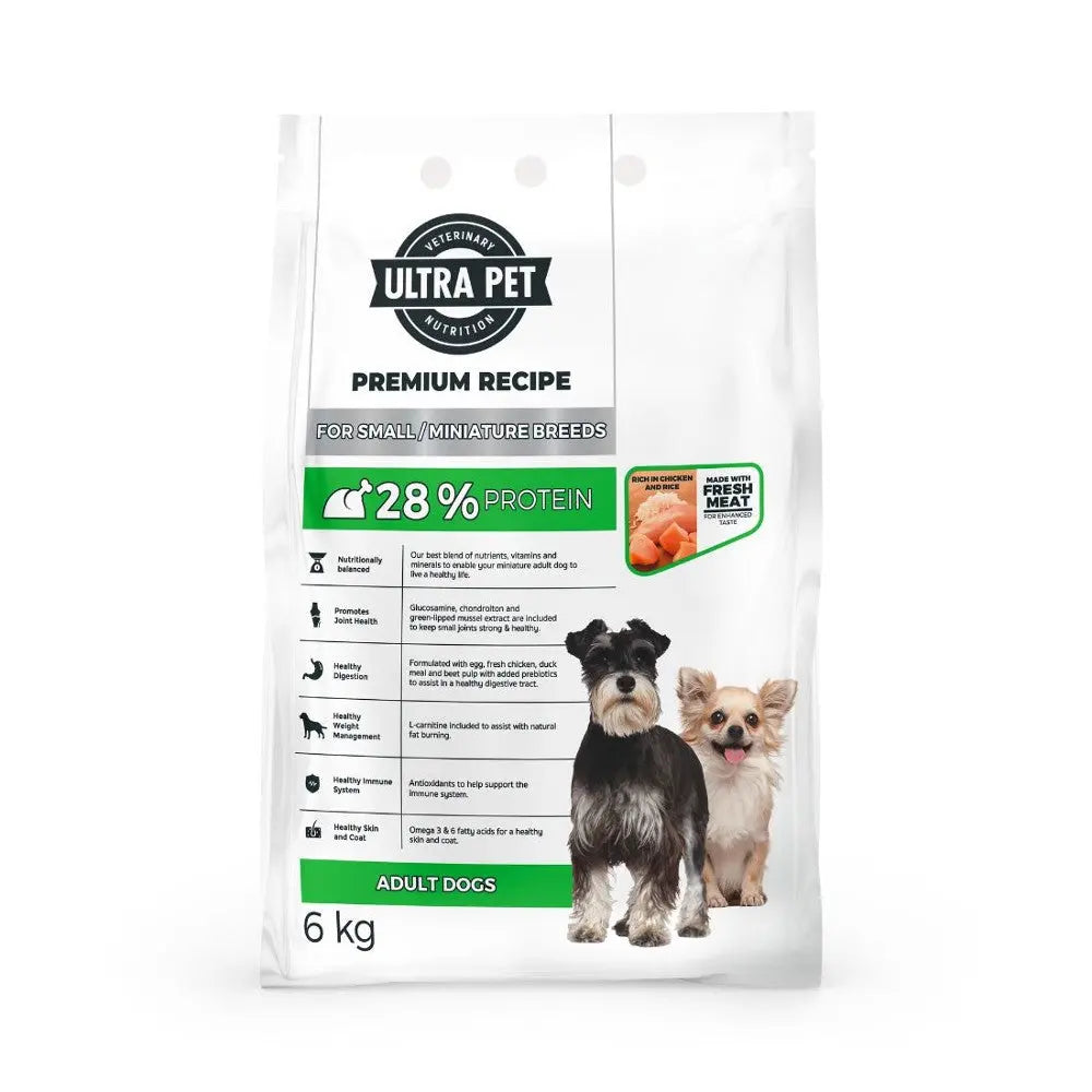 Premium dog food bag for small breeds with 28% protein and fresh meat ingredients.