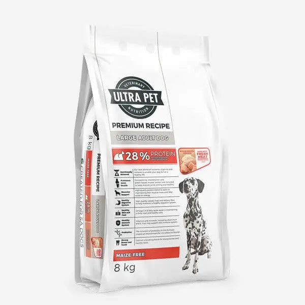 Ultra Pet premium dog food bag, 8 kg, maize-free, 28% protein, ideal for large adult dogs.