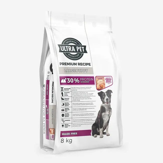 Ultra Pet Premium Recipe dog food bag for large puppies, 30% protein, maize-free, 8 kg packaging.