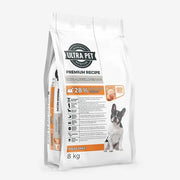 Premium dog food bag, 8 kg, 28% protein, maize-free formula for small to medium adult dogs.