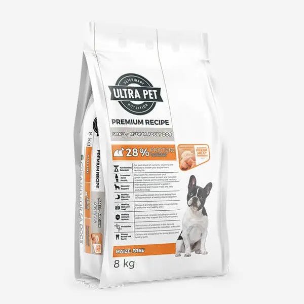 Premium dog food bag, 8 kg, 28% protein, maize-free formula for small to medium adult dogs.