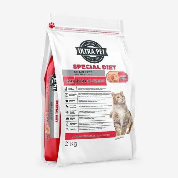 Grain-free cat food bag with nutritional information and a playful cat graphic.