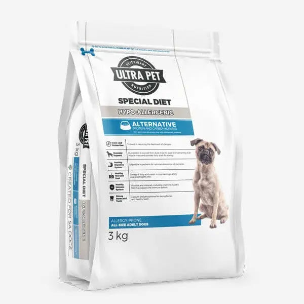 Hypoallergenic dog food bag, 3 kg, featuring special diet ingredients and feeding guidelines.